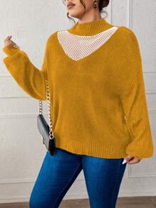 SHEIN LUNE Plus Size Colorblock Hollow-Out Splice Stand Collar Sweater, Casual For Autumn/Winter Knit Pullover Fall - Yellow - View 4