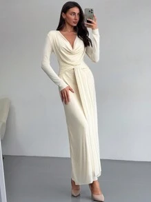 Aloruh Plunging Draped Neck Long Sleeve Skin-Tight Mesh Apricot Color Dress, Suitable For Romantic Dates,Summer Dresses For Women,Tea Party Dress - Apricot - View 8