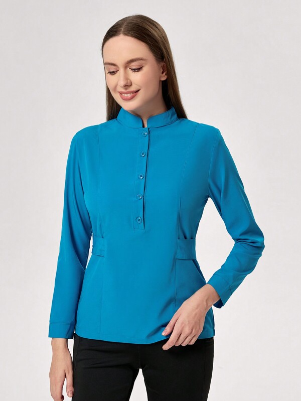 TaskEZ Blusa de manga larga con cuello alto y botones delanteros, unicolor, ropa de trabajo para mujer