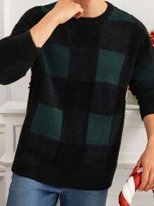 Manfinity Homme Men's Casual Christmas Plaid Pattern Knitted Sweater, Autumn/Winter