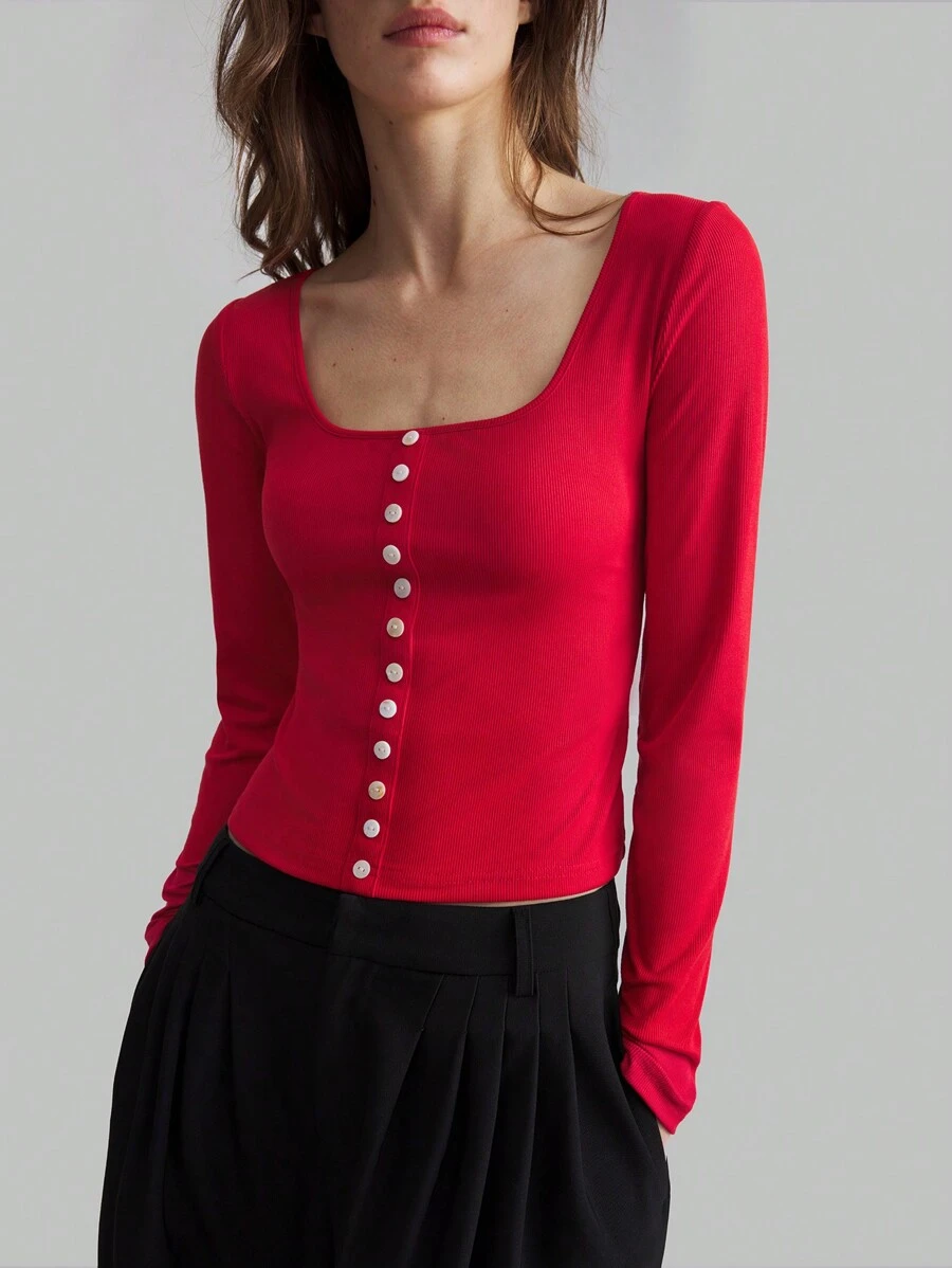 Ontre 新年方领针织贝壳纽扣装饰圣诞节假期商务休闲女式 T 恤，长袖红色修身性感 T 恤，适合秋冬季 - 紅色 - 查看 1