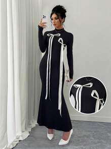 Chiquease 女士蝴蝶结高领长袖超长鱼尾下摆连衣裙 - 彩色 - 查看 2