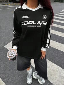 SHEIN EZwear Áo nỉ thể thao cổ chữ V thời trang thu đông giản dị cho nữ - màu đen - Xem 4