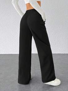 SHEIN PETITE Women's Casual Solid Color Drawstring Waist Loose Pants, Versatile Sports