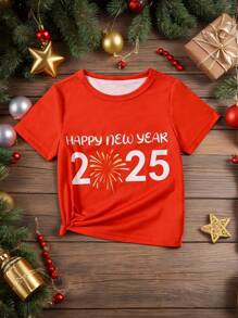 SHEIN Girls' New Year 2025 Print Red Short Sleeve T-Shirt, Casual & Versatile For New Year Party & Celebration