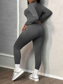 Slaydiva Casual Solid Grey Structured Contour Rib Zip Jumpsuit, Fall/Winter