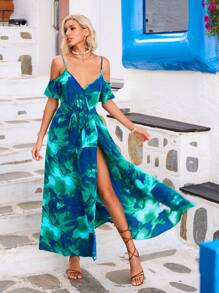 SHEIN VCAY Vacation Knitted Floral Printed Cold Shoulder Neckline Slit Dress - Multicolor - View 1