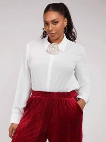 SHEIN Clasi Plus Size Women Solid Color 3D Floral Button Long Sleeve Shirt Blouse, Autumn - White - View 6
