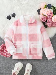 SHEIN 1pc Girls Cute Pink & White Plaid Casual Lightweight Fleece Jacket For Daily Wear, With Zipper, Lapel, Pockets, Dropped Shoulders, Warm And Comfortable, Fashionable For Fall/Winter, Suitable For Family Activities, Gatherings, Indoor/Outdoor - Pink - View 1