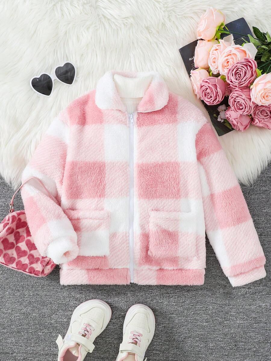 SHEIN 1pc Girls Cute Pink & White Plaid Casual Lightweight Fleece Jacket For Daily Wear, With Zipper, Lapel, Pockets, Dropped Shoulders, Warm And Comfortable, Fashionable For Fall/Winter, Suitable For Family Activities, Gatherings, Indoor/Outdoor - Pink - View 1