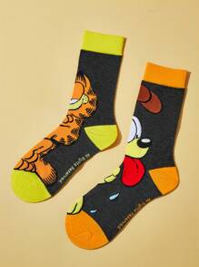 GARFIELD X SHEIN 1pair Cute Cartoon Pattern Contrast Color Mid-Calf Socks For Women