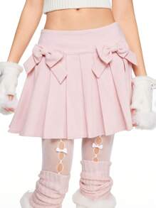 ROMWE Damska spódnica mini w stylu Kawaii z plisowaną kokardą i akcentem - Różowy - Zobacz 4