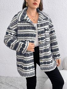 SHEIN LUNE Áo khoác dày in họa tiết ấm áp thanh lịch cỡ lớn cho nữ, thích hợp cho lễ Halloween, Giáng sinh, Năm mới, Lễ hội Trung Quốc, Ngày lễ tình nhân, Tiệc và sự kiện Lễ Tạ ơn, cỡ lớn - Màu be - Xem 3