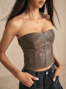 Poéselle Women's Faux Leather Bustier Top,A Vintage-Inspired, 90s-Revival Cropped Corset-Style Top With Back Zipper, Perfect For Autumn Parties, Halloween, And Versatile Fall Fashion, Blending Retro Charm With Modern Edge In A Rich Hue.