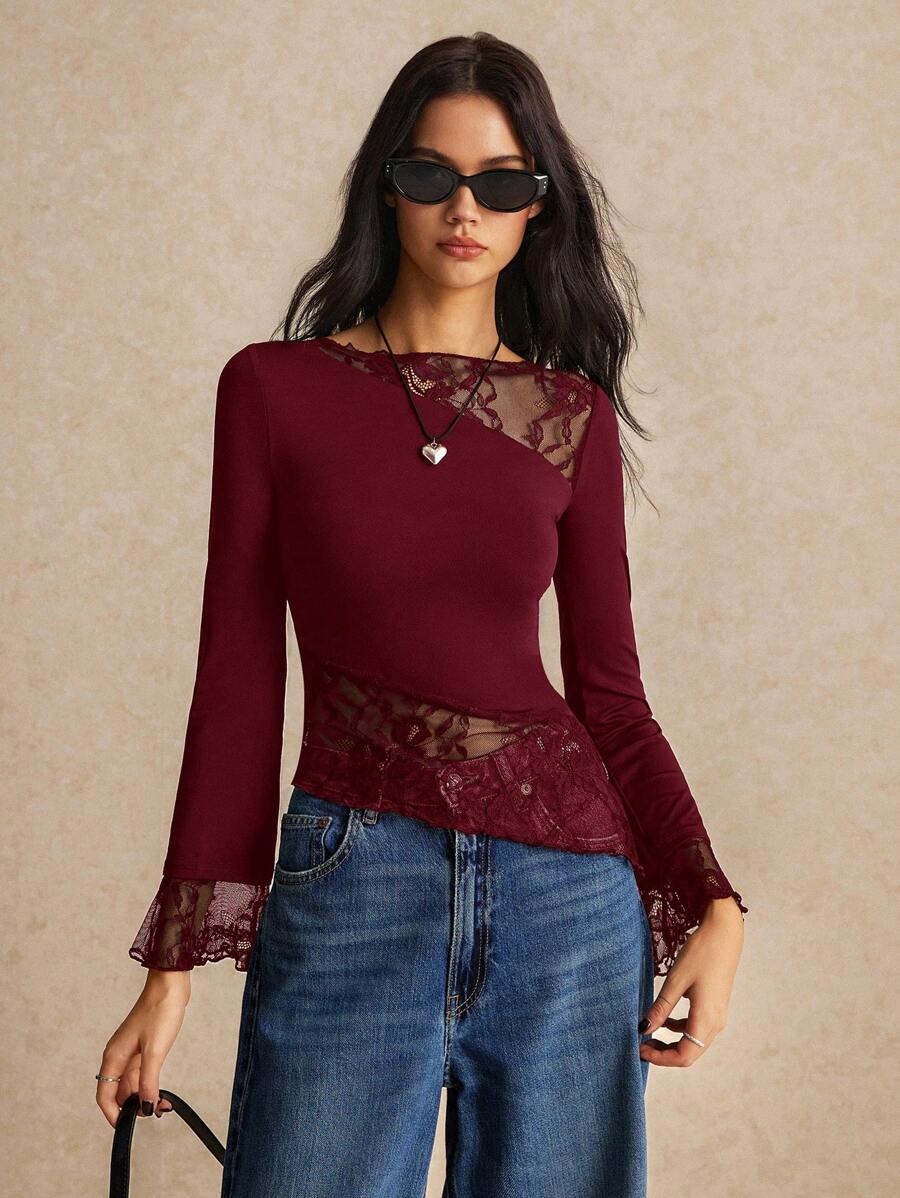 Poéselle Women Clothes, Women Shirts, Women's Fall Clothes Summer Slim Fit Asymmetric Lace Long Sleeve T-Shirt With Hem Splicing And Flutter Design, Halloween Costume Top, All Season Essential, Comfy High Strech Fabric - Burgundy - View 1
