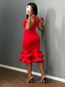 Slaydiva Đầm bodycon cổ chữ V xẻ sâu thanh lịch - E - Đỏ - Xem 2