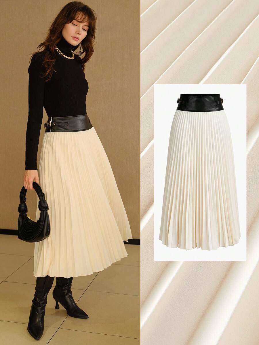 MOTF STUDIO COLOR BLOCK ZIPPER PLEATED SKIRT