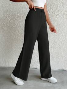 EURMUSE Solid Color Drawstring Knit Casual Straight Leg Pants ,Petite Women - Black - View 5
