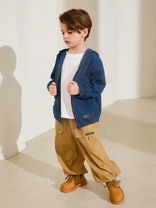 SHEIN 1 chiếc áo khoác có mũ bằng vải nhung có mũ trùm đầu bằng vải nhung thường ngày thoải mái dành cho bé trai trẻ, thích hợp để mặc hàng ngày, đi học, du lịch, thể thao, mùa thu đông - Màu xanh lam - Xem 7