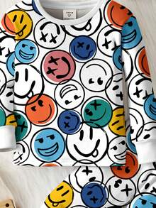 Baby Boy Casual Minimalist Smiling Face Pattern Snug Fit Round Neck Comfortable Long Sleeve Pants Homewear Outfit, Suitable For Autumn/Winter