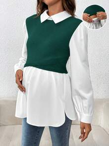 SHEIN 孕妇撞色长袖二合一哺乳上衣 - 綠色 - 查看 5