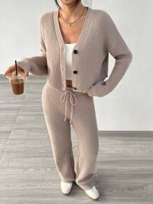 SHEIN PETITE Bộ áo len cardigan dài tay màu trơn đơn giản mùa thu đông cho nữ - Màu Khaki - Xem 3