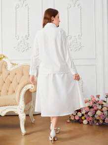 SHEIN Explorewe 青少年女孩 2 件套：优雅象牙色花卉 3D 装饰长袖衬衫 + 中长裙 - 白色 - 查看 2