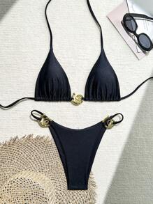 Women Solid Color Fashionable & Sexy Bikini Set For Beach Summer - Black - View 1