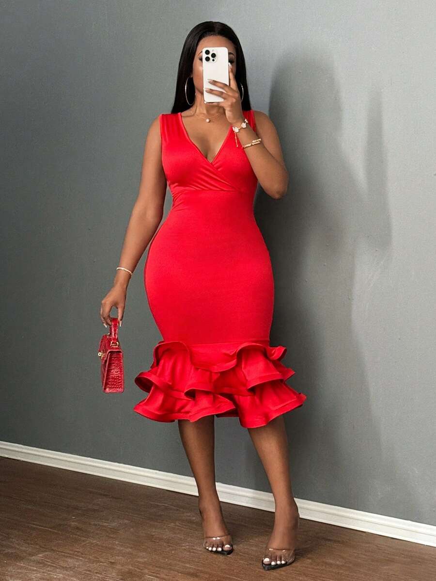 Slaydiva Đầm bodycon cổ chữ V xẻ sâu thanh lịch - E - Đỏ - Xem 1