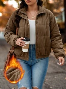Calvaya Women Plus Size Casual Zipper Side Pocket Front High Neck Elastic Cuff Corduroy Long Sleeve Jacket Padded Coat For Winter Clothes, Light Brown Color