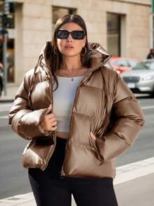 SHEIN Cottnline Plus Solid Zip Up Hooded Padded Coat, For Winter - Brown - View 1
