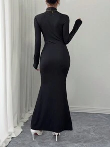 Chiquease 女士蝴蝶结高领长袖超长鱼尾下摆连衣裙 - 彩色 - 查看 3