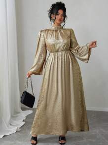 Celure Plus Size Elegant Metallic Flared Sleeve Dress, Autumn For New Year Holiday Party Clothes Maxi Women Outfit