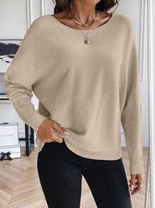 SHEIN LUNE Casual Women Solid Batwing Long Sleeve Loose Knit Sweater For Autumn/Winter Knit Pullover Fall Outfit - Khaki - View 5