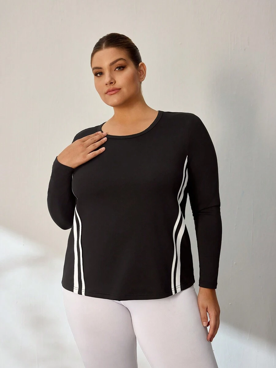 Easithlete 大码长袖圆领拼色条纹宽松运动上衣