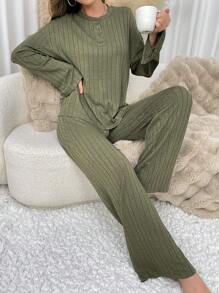 2pcs Minimalist Women Solid Color Round Neck Drop Shoulder Long Sleeve T-Shirt And Pants Homewear Set
