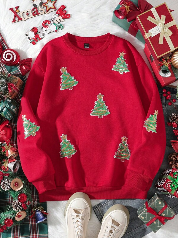 SHEIN Essnce Women's Christmas Sweatshirt Sequin Patchwork Christmas Tree Crewneck Sweatshirt Matching Family Christmas Pajamas Christmas Women Clothes Christmas Outfits Christmas Women Dress Christmas Top Christmas Clothes Thermal Winter Sweatshirt
