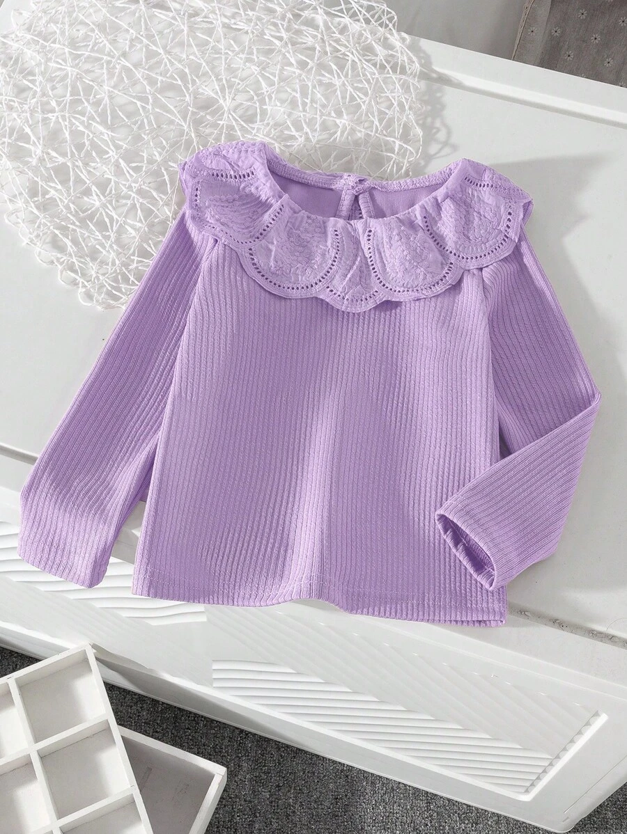 SHEIN Áo thun tay dài vải gân màu mơ cho bé gái có cổ viền ren, thoải mái, giản dị, thời trang thanh lịch, phù hợp cho mùa xuân, thu, đông - Màu tím - Xem 1