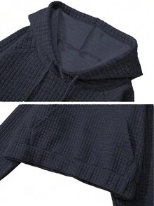 Loose Fit Pullover Solid Color Hooded Long Sleeve Waffle Knit Sweatshirt, Autumn - Navy Blue - View 5