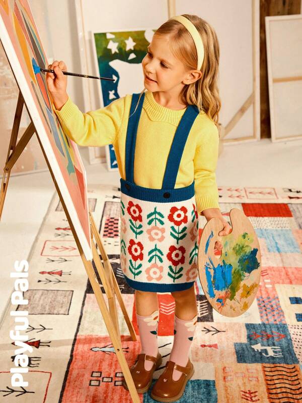 SHEIN Set de 2 bucăți pentru fete tinere, cu mânecă lungă și guler cu volan, cu imprimeu floral, bluză și fustă cu cap, drăguț/retro/ocazional, potrivit pentru școală și în aer liber, primăvară/toamnă/iarnă