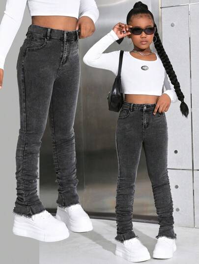 SHEIN 少女Y2K水洗堆叠裤复古灰色褶皱喇叭牛仔裤，冬季街头服饰