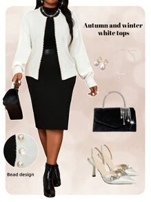 SHEIN Lady Vestido elegante de manga larga con línea A estilo otoño e invierno, para talla grande, ideal para boda, San Valentín, fiesta de cóctel, fiesta de graduación, vacaciones, vestido blanco estilo diosa griega - Blanco - Ver 1