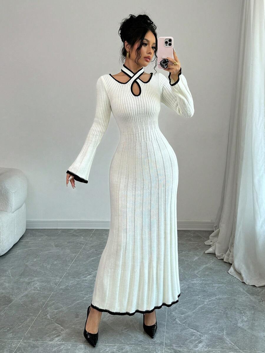 Chiquease Women Contrasting Trim Hollow Out Long Sleeve Long Knitted Sweater Dress, Elegant