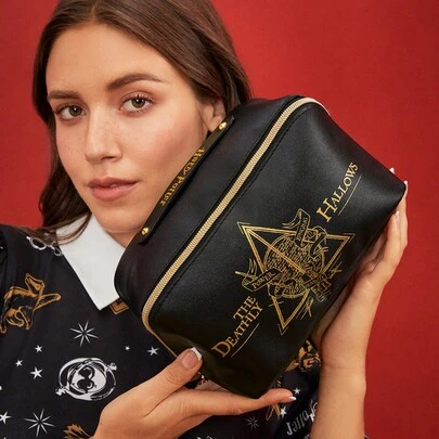 HARRY POTTER X SHEIN 1 Pc Deathly Hallows Geometric And Letter Pattern Large Capacity Makeup Bag, Black, Gifts,Back To School