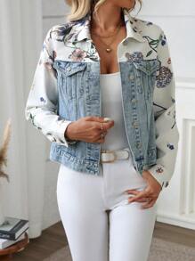 SHEIN LUNE Casual Floral Print Patchwork Denim Jacket, AutumnThermal Thickened Denim