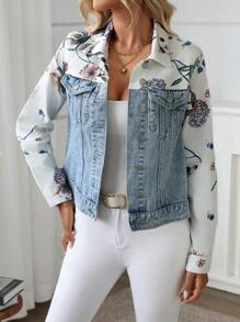 SHEIN LUNE Casual Floral Print Patchwork Denim Jacket, AutumnThermal Thickened Denim
