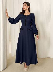 Modelyn Vestido largo con mangas de farol y ribete de cinta elegante para mujer, vestido largo para eventos de otoño e invierno