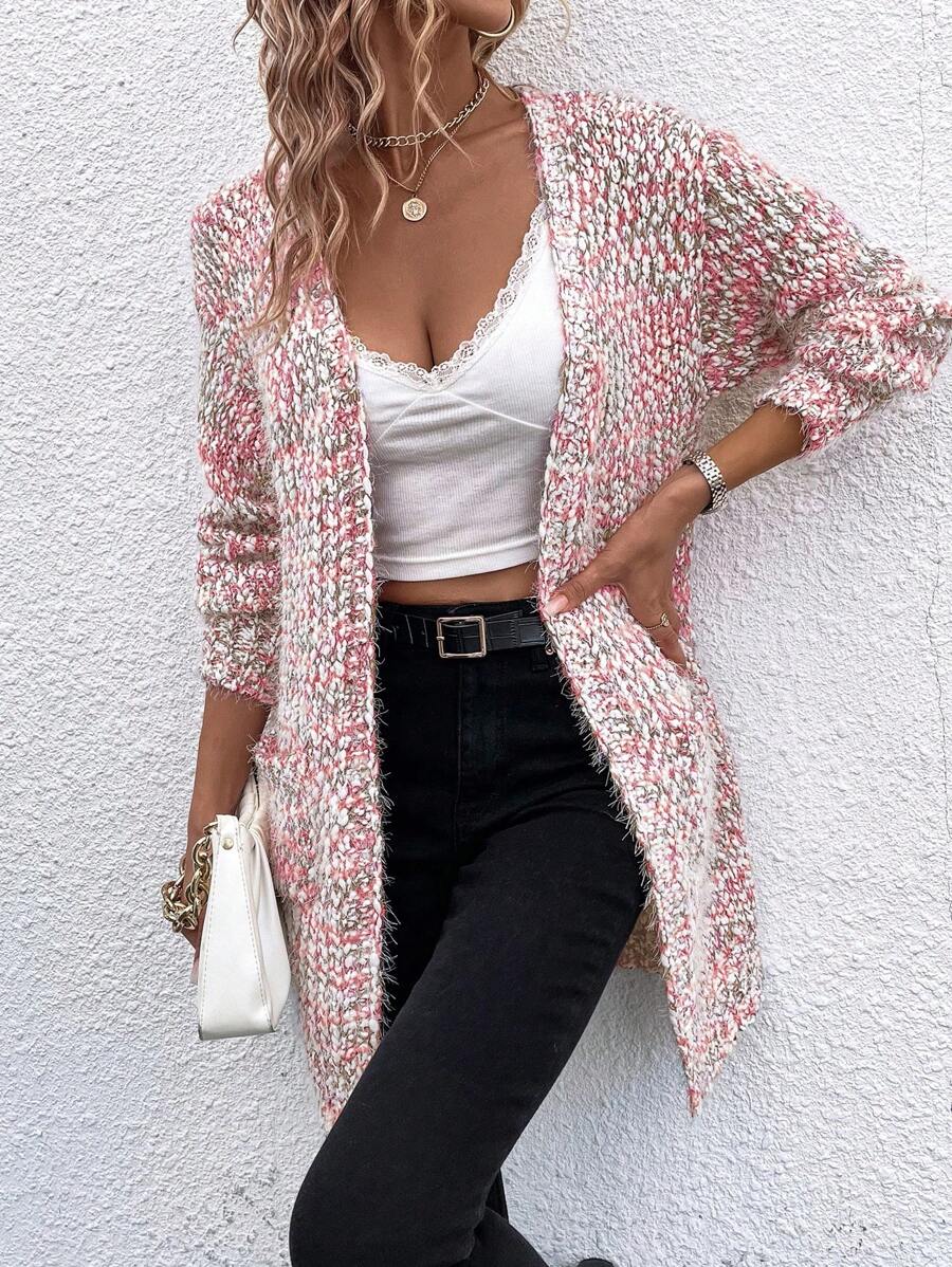 SHEIN LUNE Áo khoác cardigan dáng rộng mở phía trước có hai túi, thu/đông - Đỏ - Xem 1