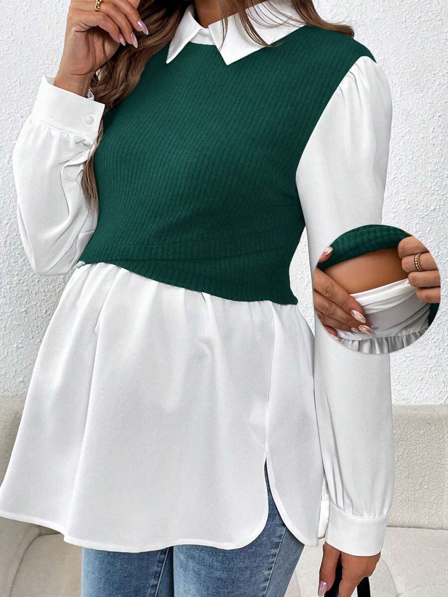 SHEIN 孕妇撞色长袖二合一哺乳上衣 - 綠色 - 查看 1