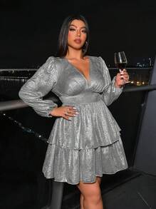 SHEIN Unity Plus Size Women Fashion V-Neck Ruffle Hem Metallic Lantern Sleeve Mini Dress - Silver - View 8